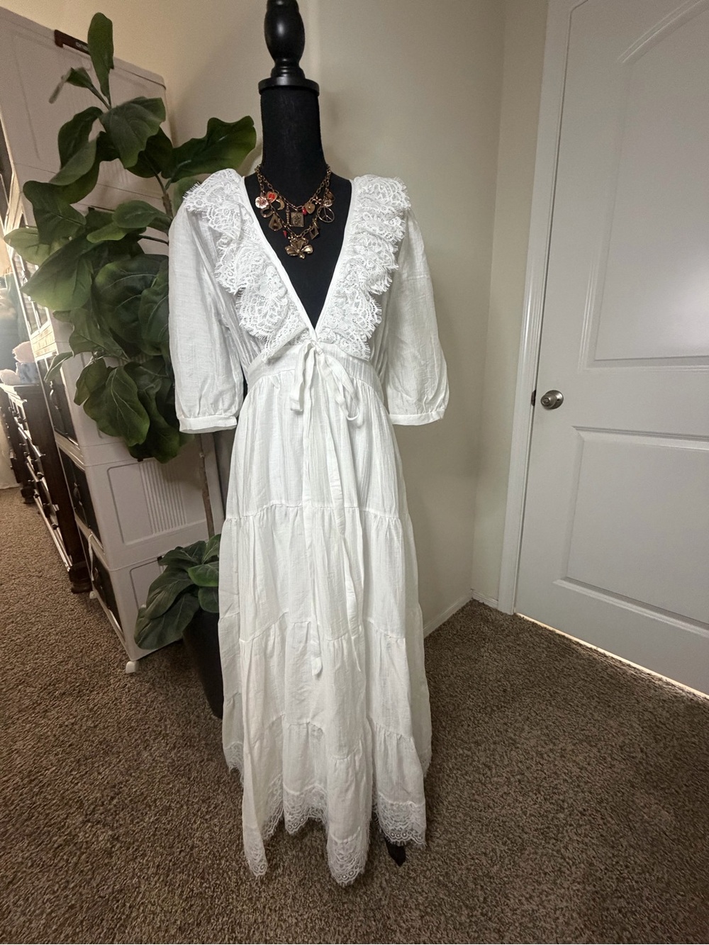 White Lace-Trim Maxi Dress with Tie Waist